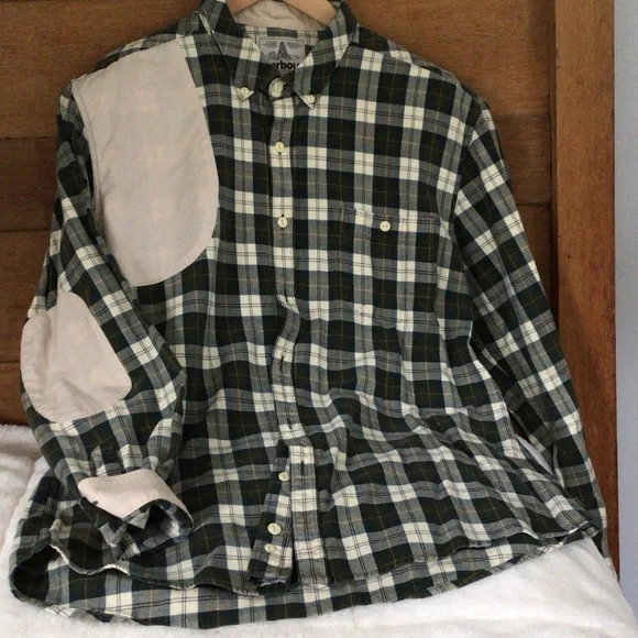 Barbour Cream and Green Plaid Flannel Shirt L Slim - Picture 1 of 15